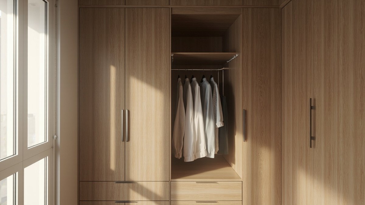 Almari baju built-in bentuk L di dua dinding bilik tidur dengan ruang sudut terbuka dan rel gantung membelok