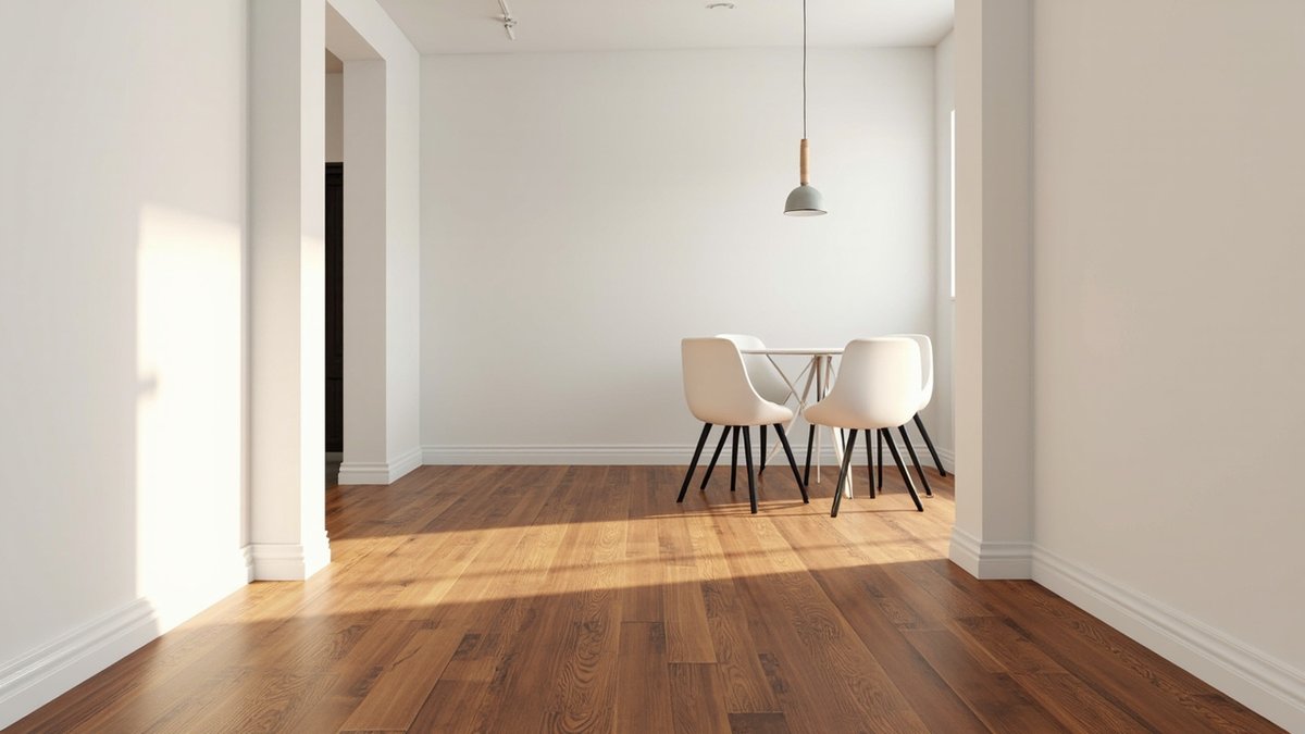 Illustrative concept design: warm chestnut brown laminate floor running into a dining area with white chairs
