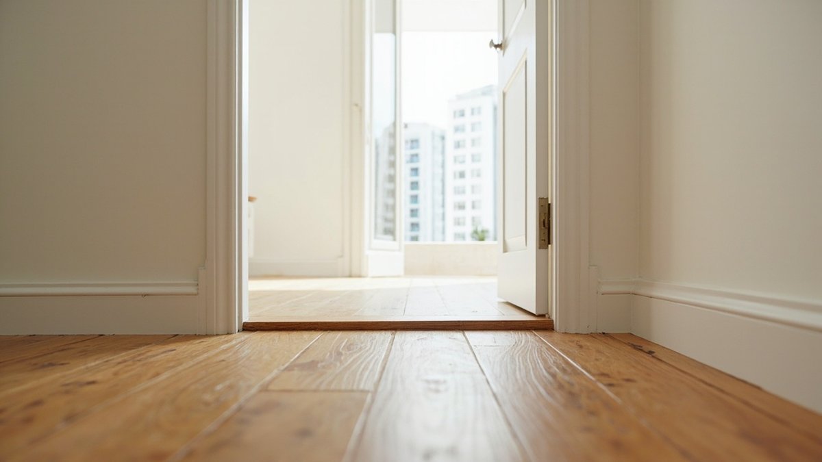 Illustrative concept design: warm oak-look laminate running to a slim threshold strip at an open bedroom door