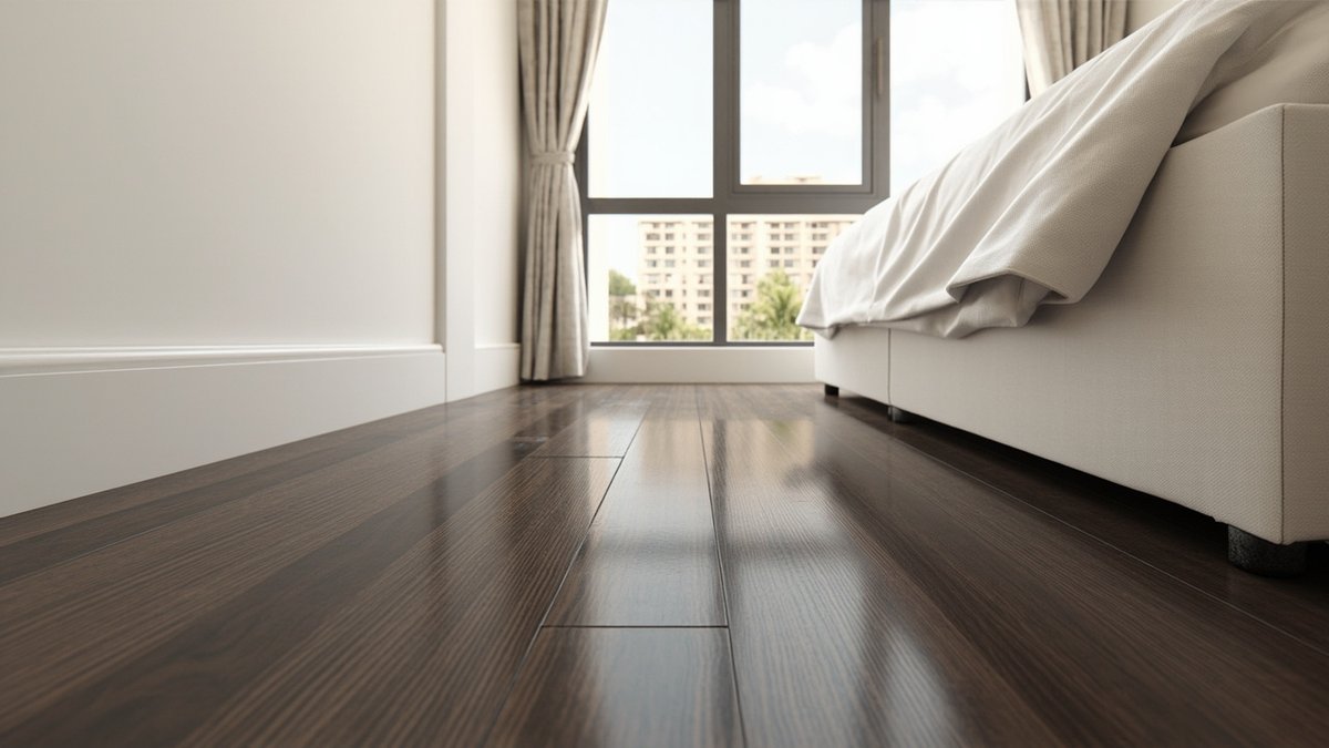 Illustrative concept design: dark espresso laminate floor beside a cream upholstered bed in a master bedroom