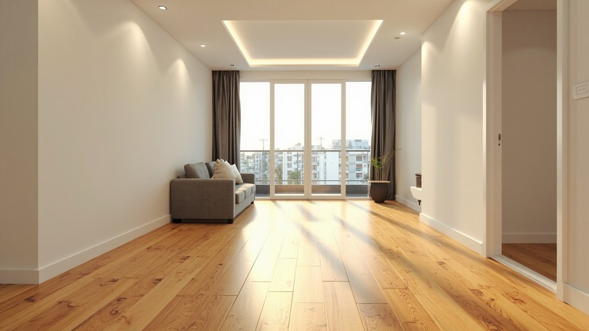 Illustrative concept design: golden teak-look laminate floor across a condo living room to the balcony doors