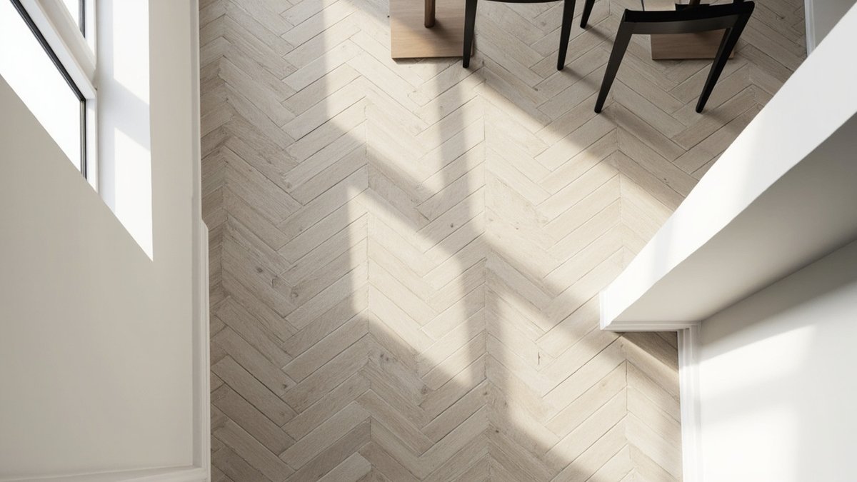 Illustrative concept design: pale grey-beige herringbone laminate floor under a small condo dining set