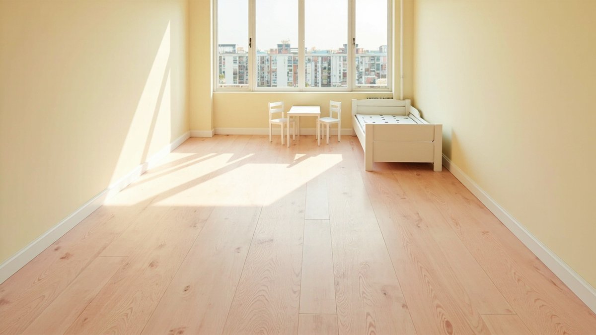 Illustrative concept design: light beech-look laminate floor in a pale yellow kids bedroom with a small table and a single bed