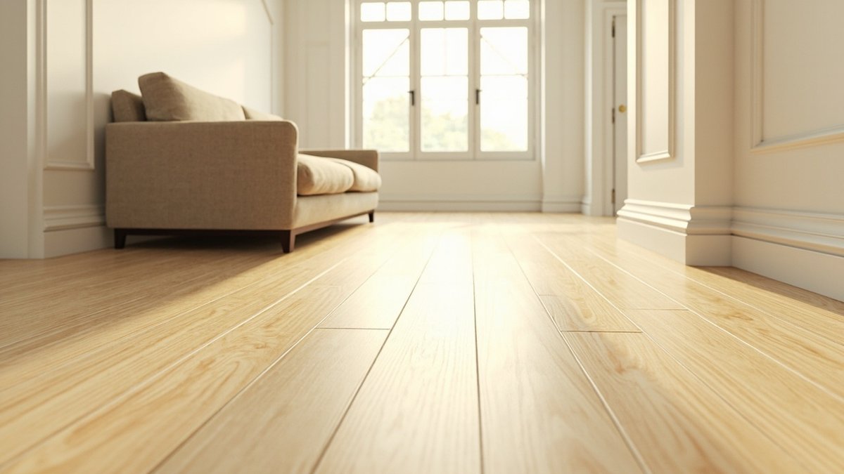 Illustrative concept design: long pale maple-look laminate planks in a bright living room with a beige sofa