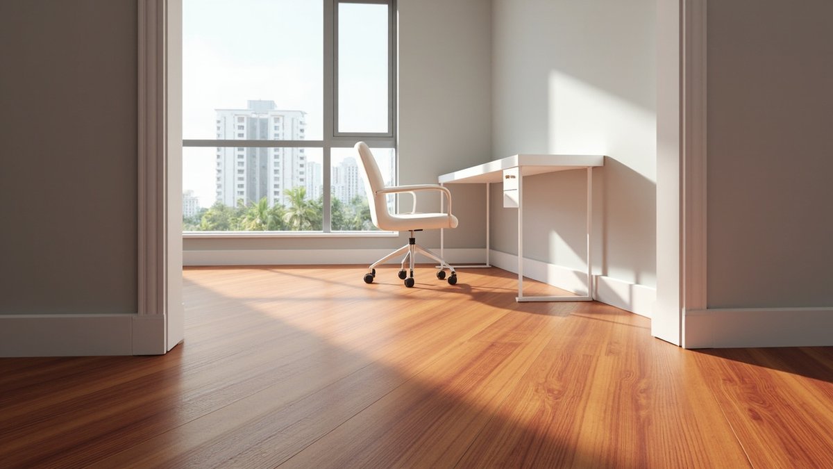Illustrative concept design: red-brown cherry-look laminate floor in a small home study with a white desk by the window