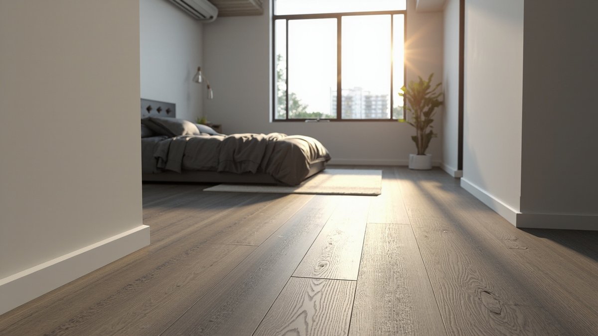 Illustrative concept design: taupe oak-look laminate floor leading to a bed with grey bedding in a guest bedroom