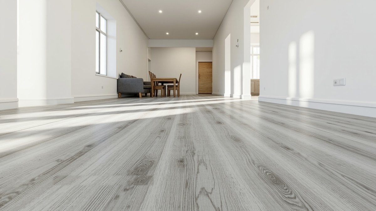 Illustrative concept design: wide weathered grey laminate planks through a long open-plan living and dining room