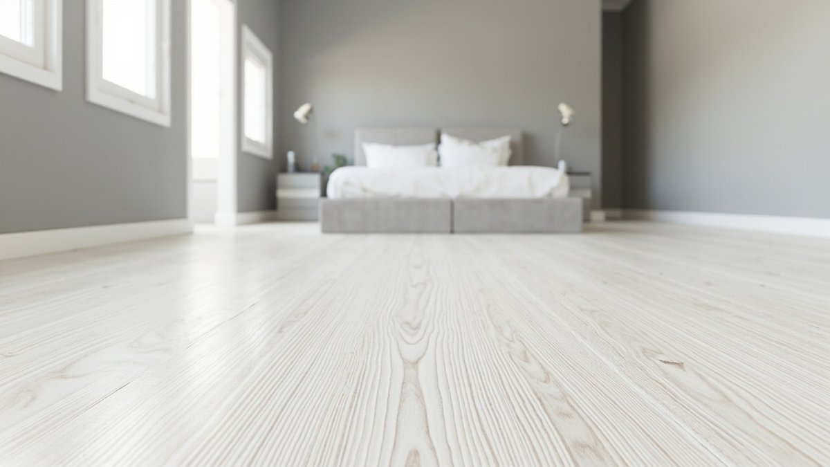 Illustrative concept design: whitewashed oak-look laminate floor leading to a low grey bed in a master bedroom