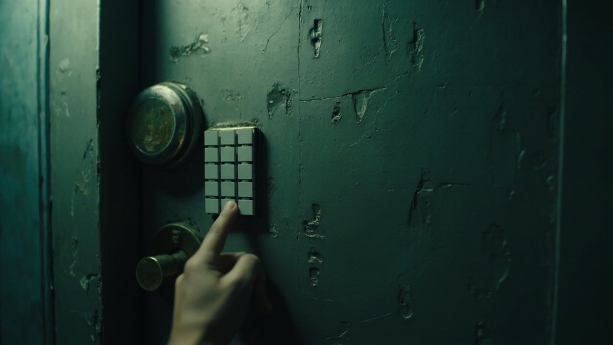 Finger pressing a keypad door lock on a worn green metal door with a round fitting and handle nearby