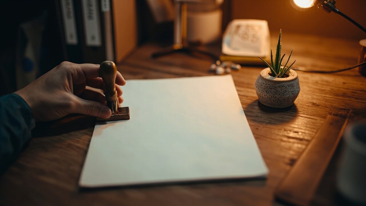 Hand stamping a document on a home office desk representing landlord rights