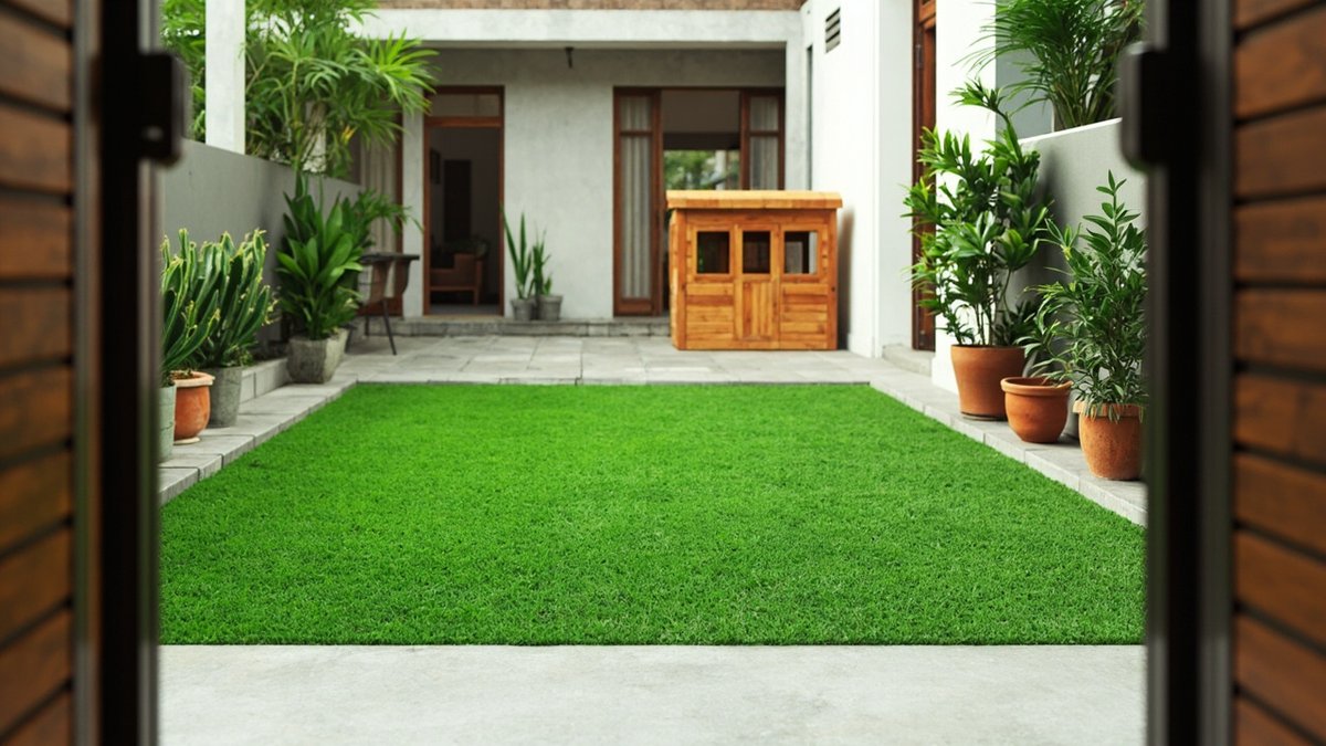 Illustrative concept design: artificial turf lawn seen through open back doors, with a paved border, a timber playhouse and terracotta pots