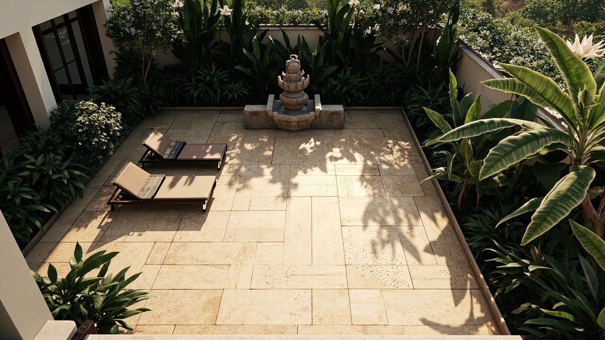 Illustrative concept design: Balinese-style paved backyard with sandstone tiles, two timber sun loungers, a stone fountain and dense tropical planting