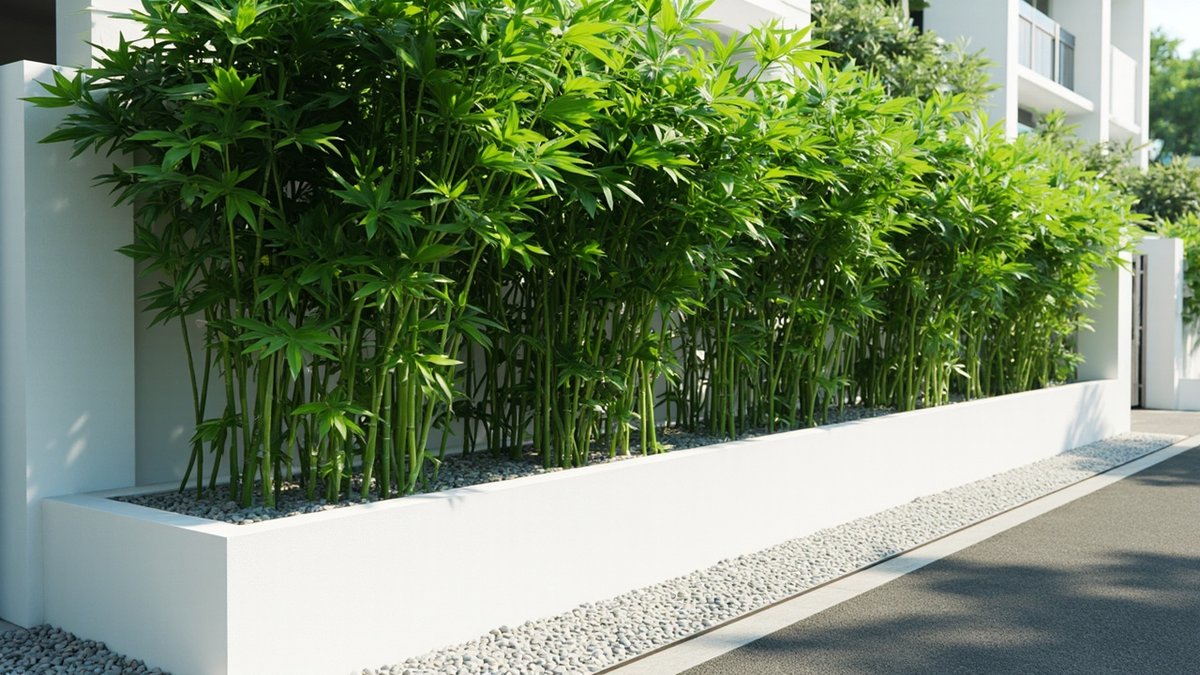 Illustrative concept design: row of clumping bamboo in a long white rendered planter with pebble mulch as a privacy screen