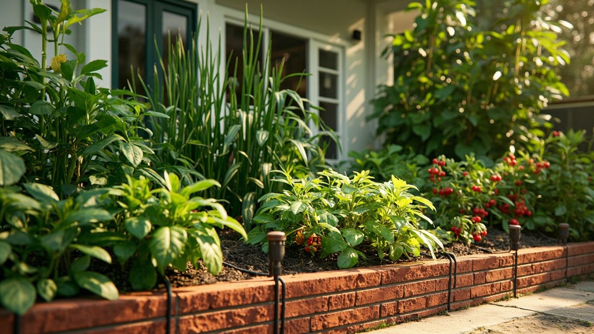 Illustrative concept design: long red-brick raised bed of lemongrass, chilli plants and herbs with black drip irrigation lines