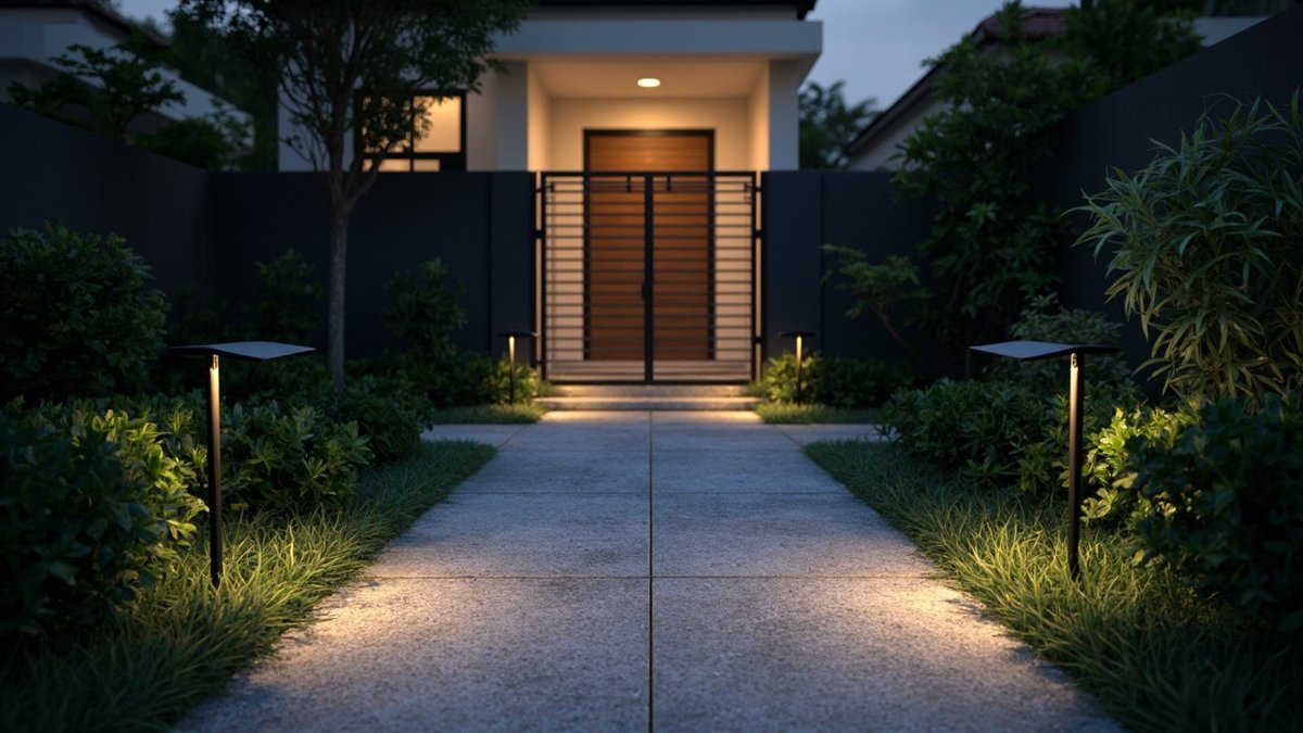 Illustrative concept design: front path of large concrete slabs at dusk lit by black bollard lights, leading to a slatted gate and timber door