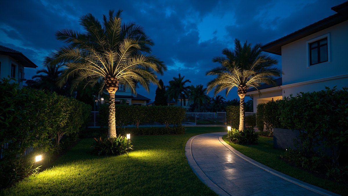 Illustrative concept design: garden at dusk with two uplit palm trees, low path lights and a curved paved path across the lawn