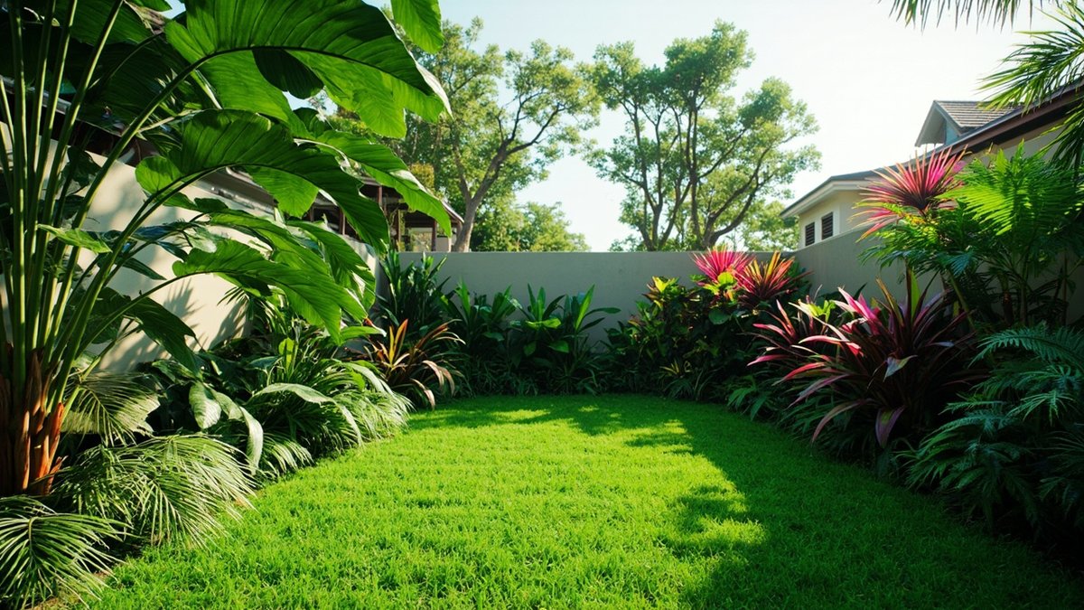 Illustrative concept design: tropical backyard lawn framed by large paddle-leaf plants, pink cordyline and ferns along a boundary wall