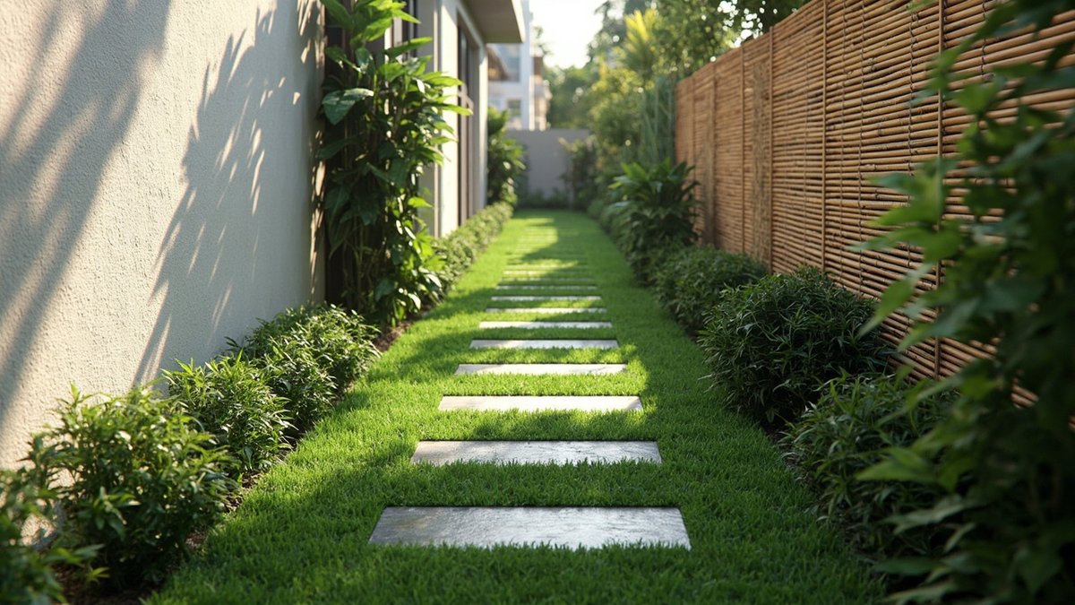 Illustrative concept design: narrow side lane with grey stepping stones set in lawn, low shrubs and a bamboo screen fence