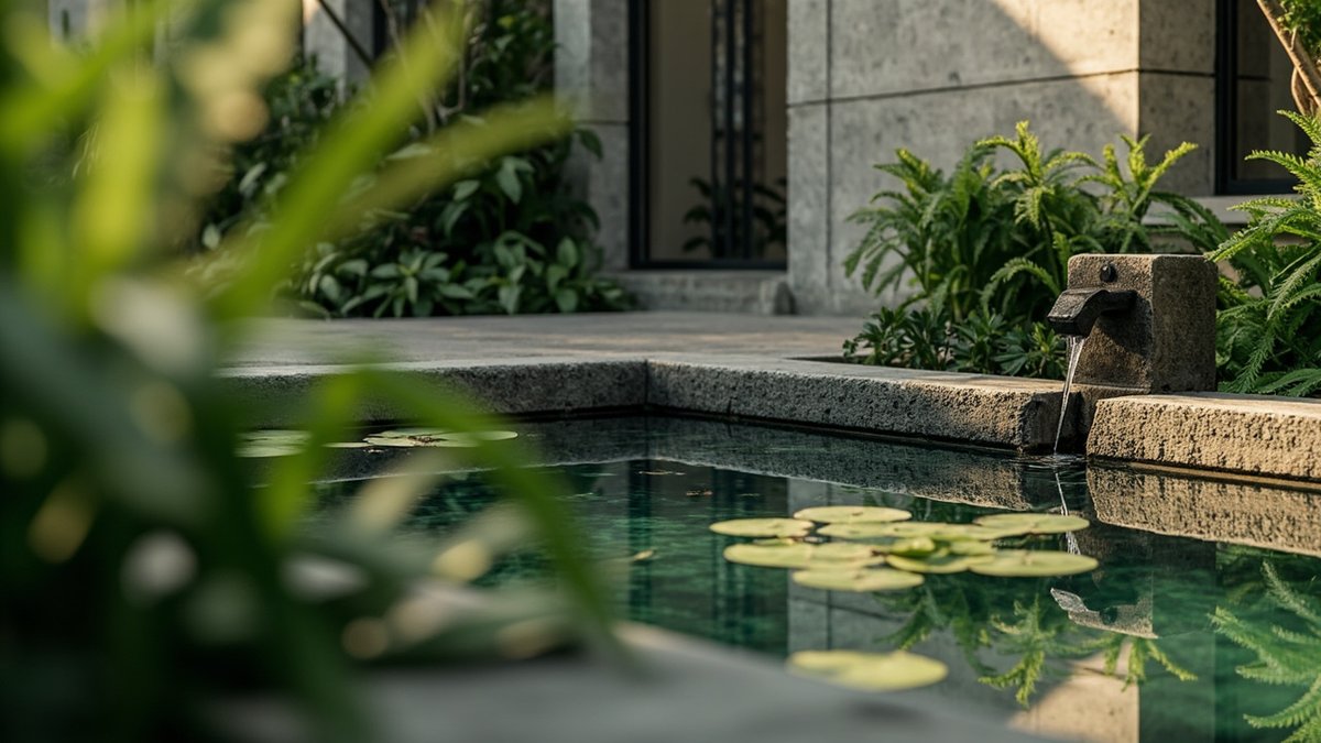 Illustrative concept design: small stone-edged garden pond with water lilies and a stone spout pouring into it beside ferns