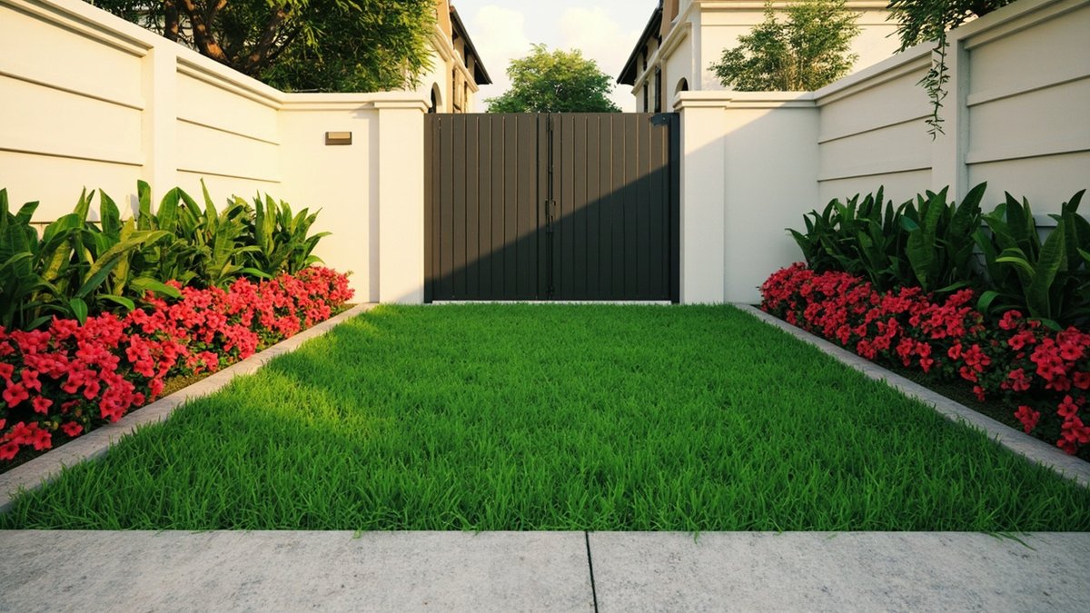 Illustrative concept design: terrace front yard with a rectangular lawn, red flower borders on both sides and a dark gate between cream walls