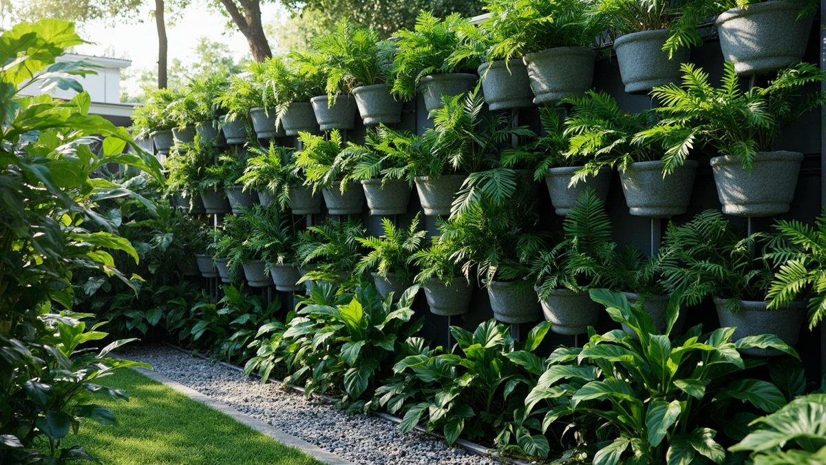 Illustrative concept design: vertical garden wall of grey planter pots of ferns fixed in rows on a dark frame, with leafy plants and gravel below