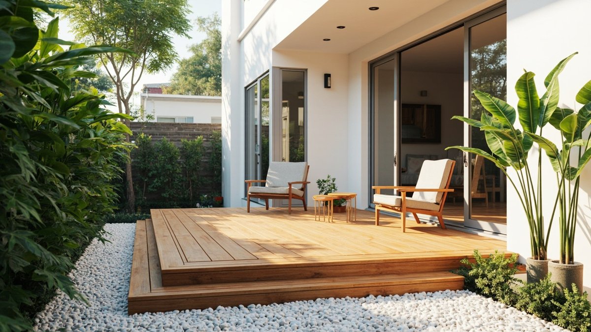 Illustrative concept design: timber-look deck with two steps outside glass sliding doors, two armchairs and a white pebble border