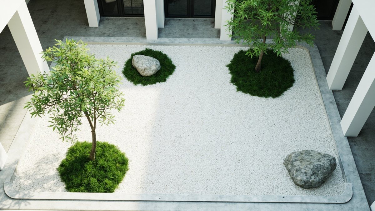 Illustrative concept design: zen courtyard of white gravel with two small trees on moss circles and two grey boulders inside a concrete edge