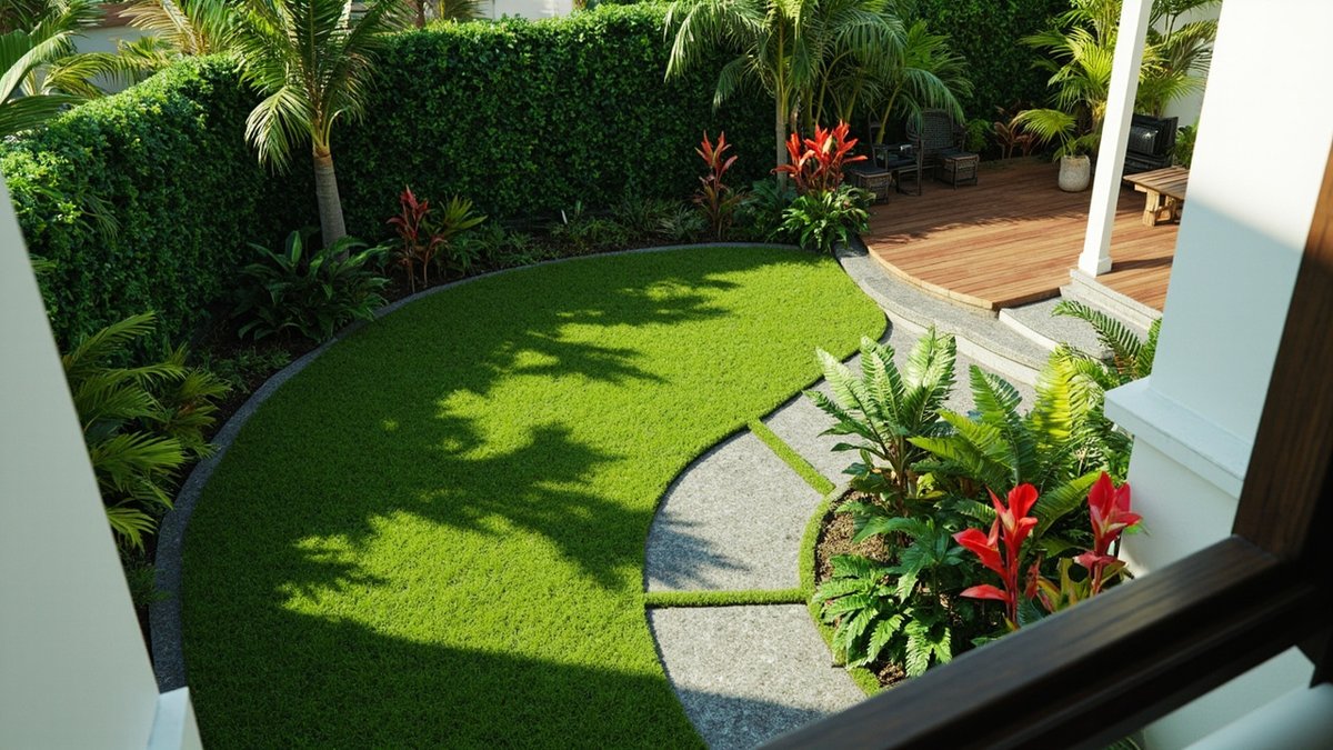 Illustrative concept design: semi-D back garden with a curving lawn, red heliconia and ferns, and a grey stone path leading to a timber deck