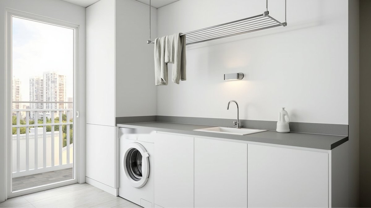 Illustrative concept design: white condo laundry room with a washer under a grey worktop, a sink and a ceiling drying rack