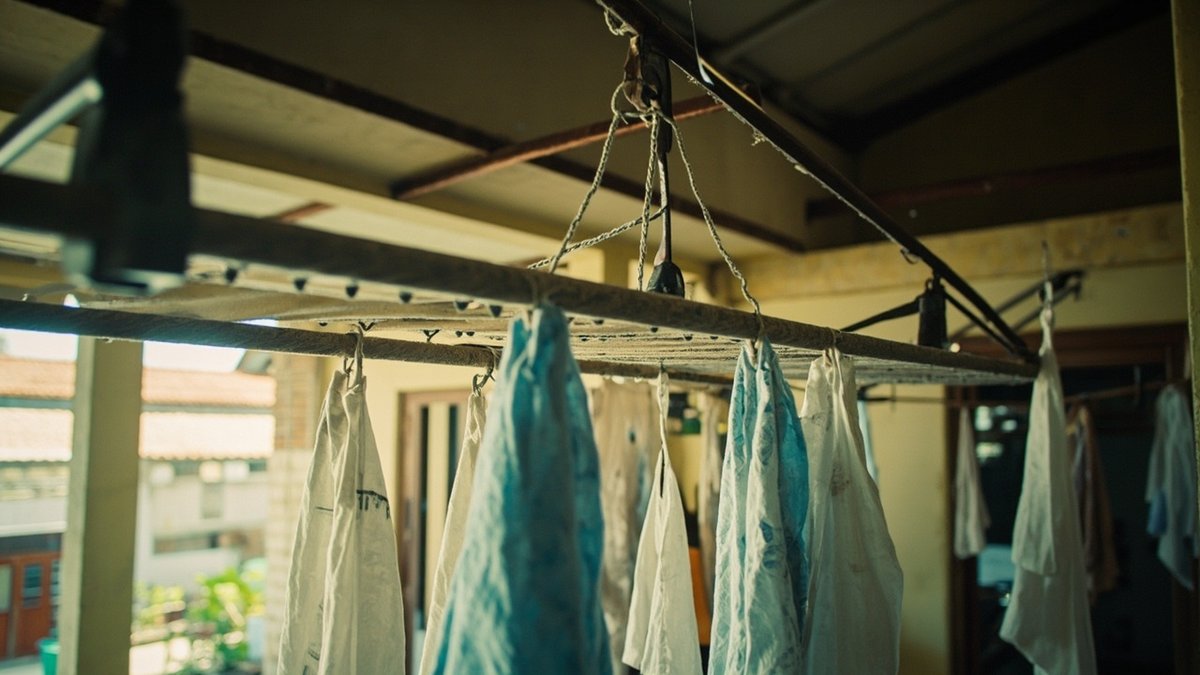 Ceiling-mounted pulley clothes rack in a service yard