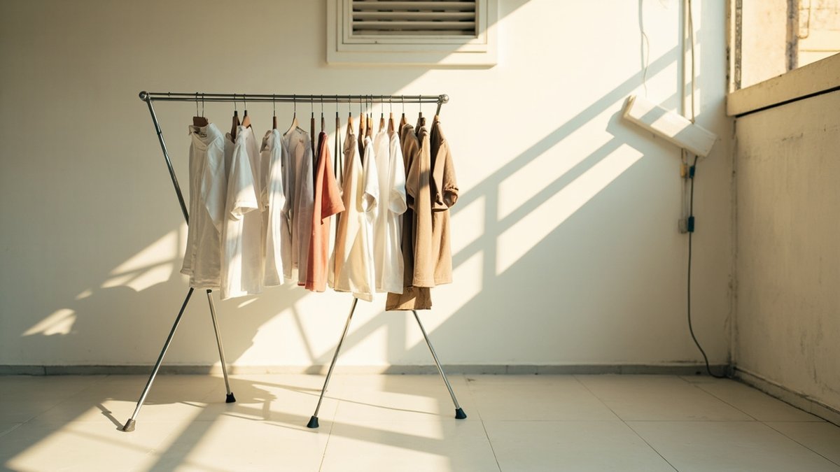 Freestanding foldable clothes airer with clothes hanging