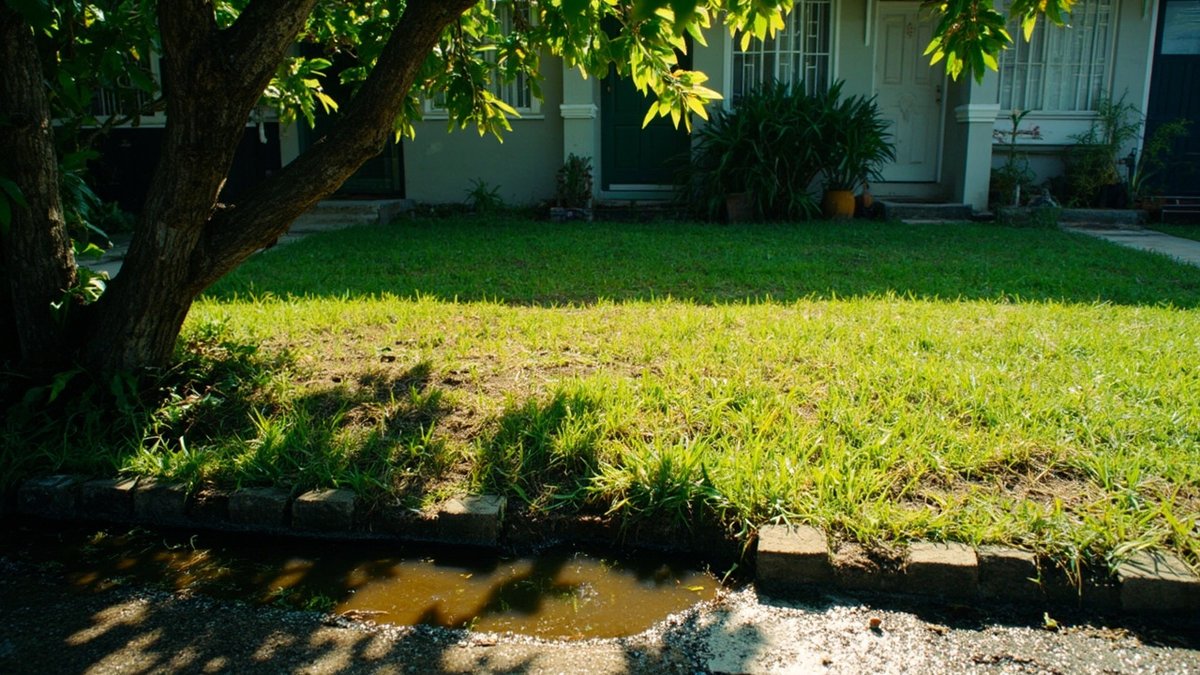 Rumput hadapan rumah dengan tompok perang di bawah pokok dan kawasan rendah bertakung air