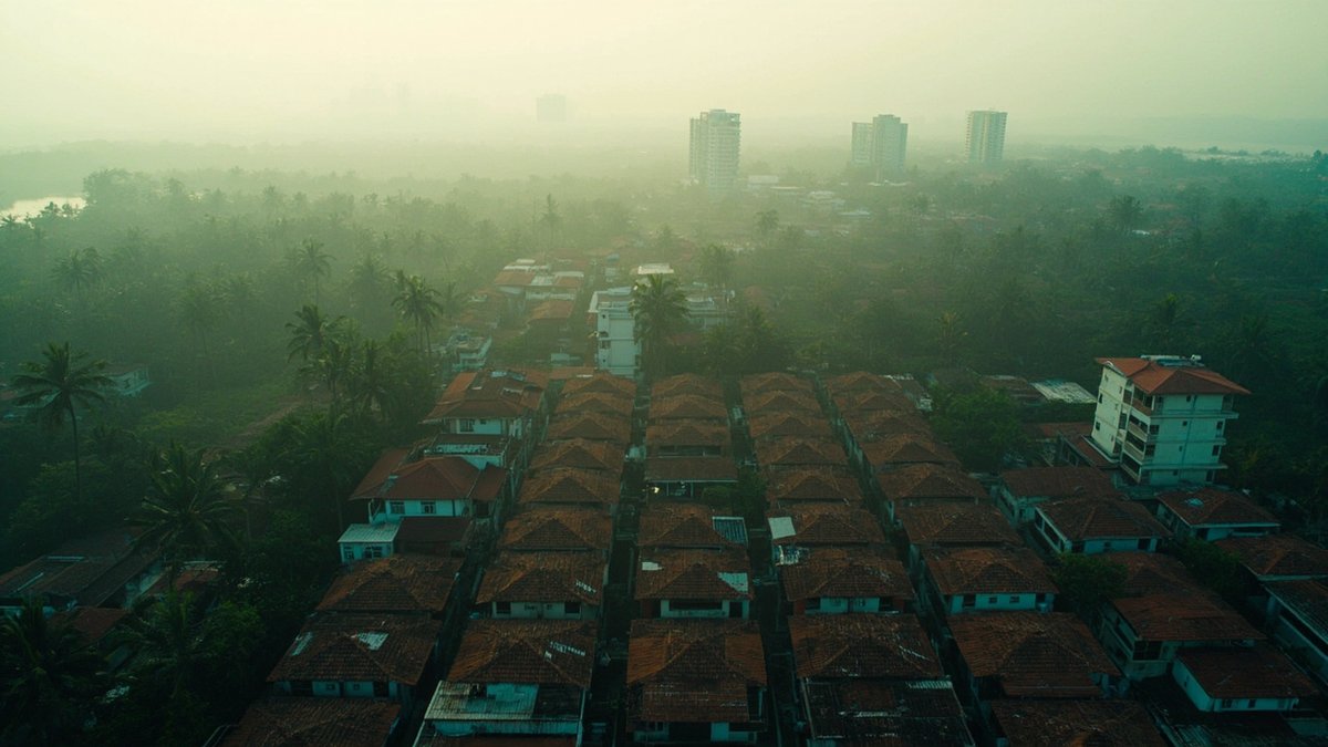 Aerial view of an older leasehold housing estate of terrace rows surrounded by newer development