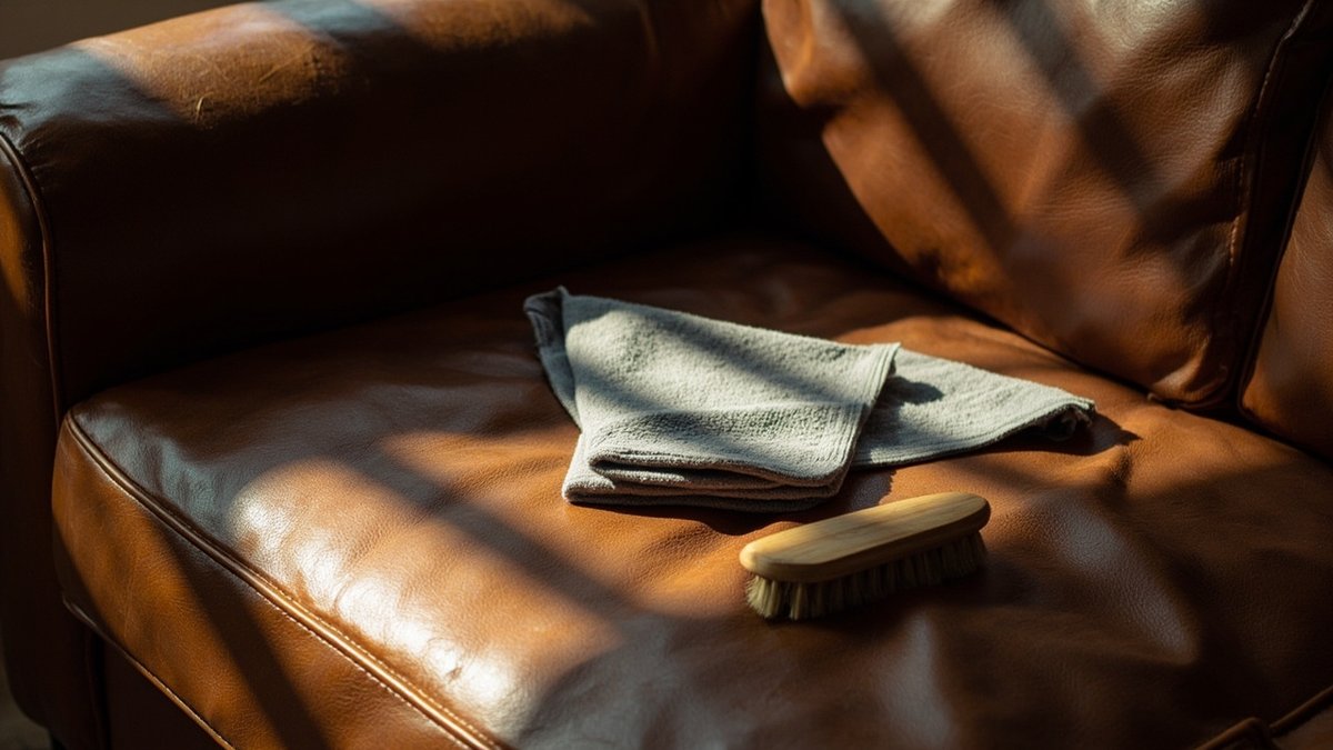 Sofa kulit perang dengan satu tempat duduk baru dicuci di sebelah lengan yang lebih gelap, kain mikrofiber dan berus
