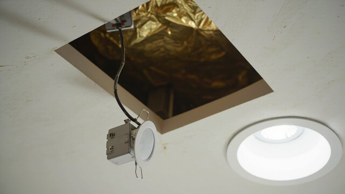 Recessed LED downlight pulled from a plaster ceiling with its driver box hanging beside it