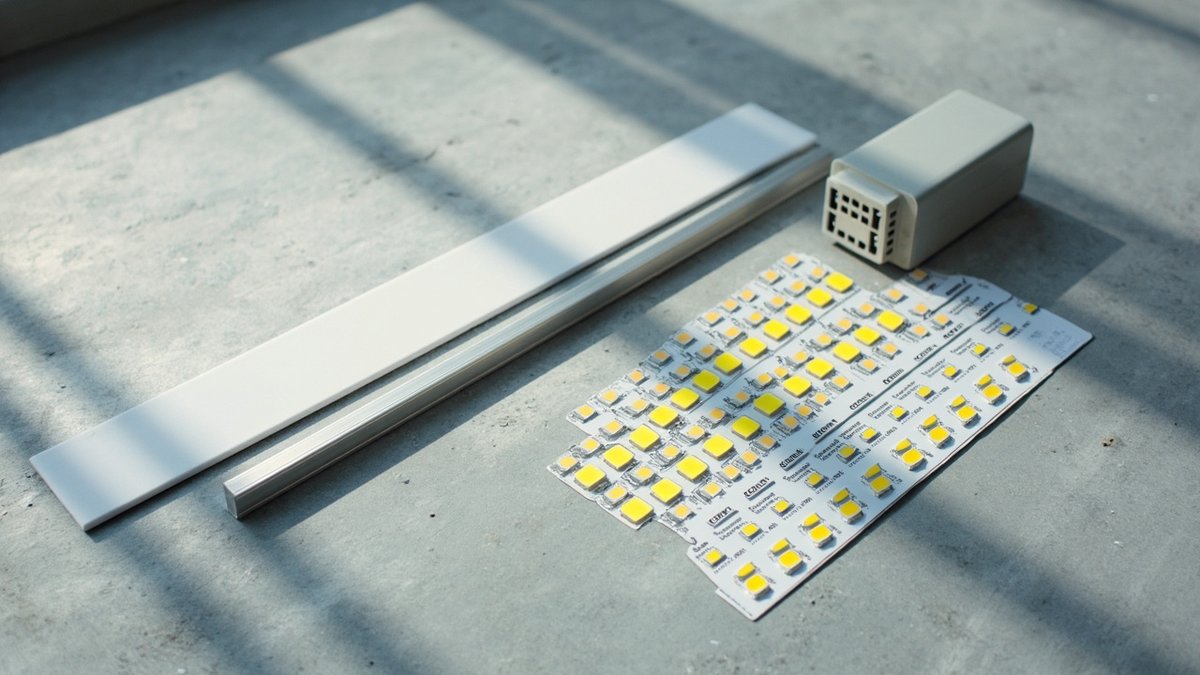 Strip LED SMD dan strip LED COB bersebelahan dengan profil aluminium dan pemandu kecil