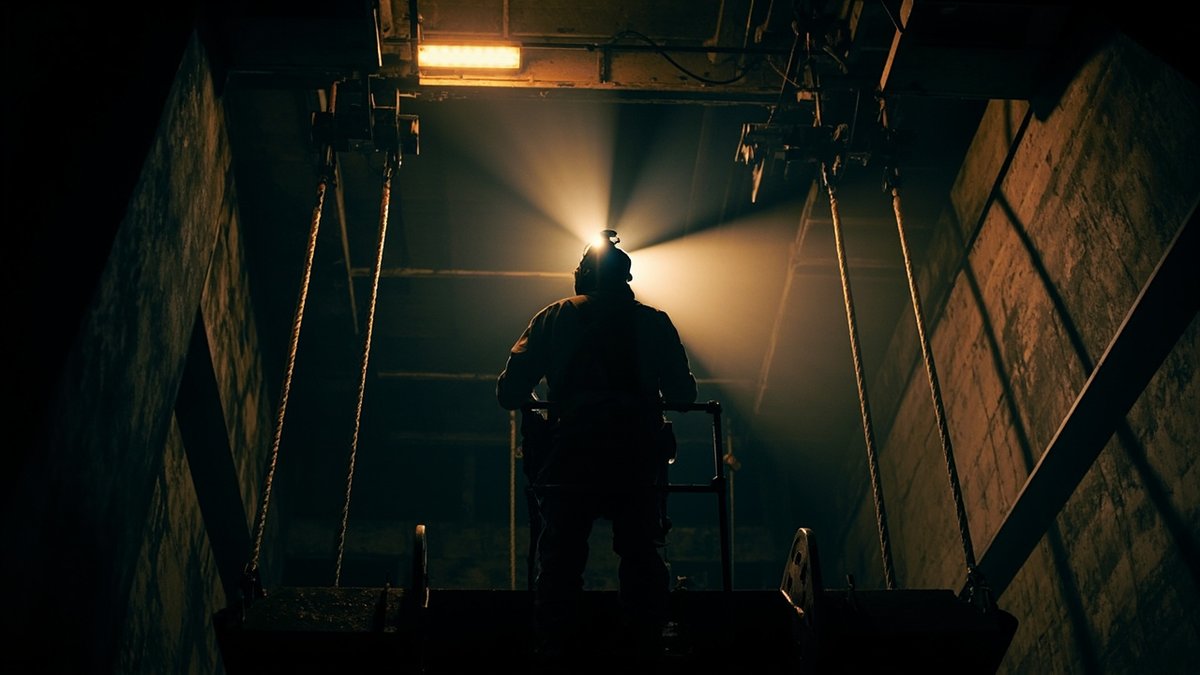 A technician working atop a lift car in a dark shaft for maintenance