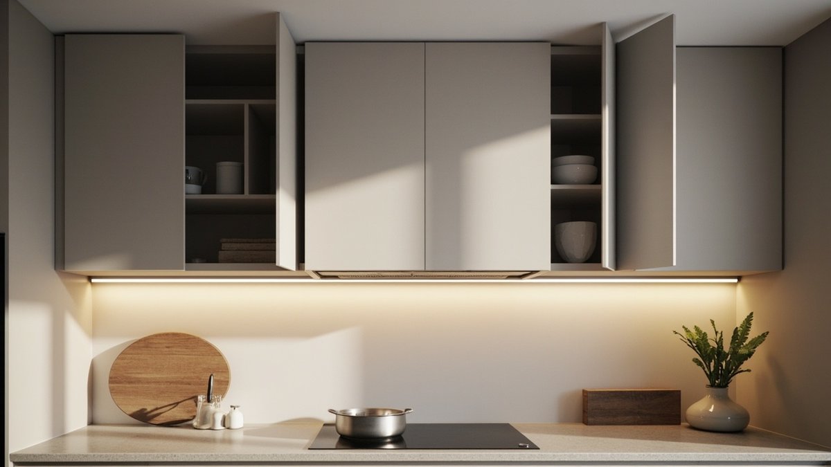 Kabinet atas dapur dengan pintu lift-up terbuka di atas hud dapur
