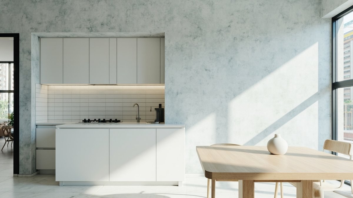 Ilustrasi konsep reka bentuk: ruang dapur dan makan dengan dinding limewash biru kelabu, ceruk dapur berjubin putih dan meja oak