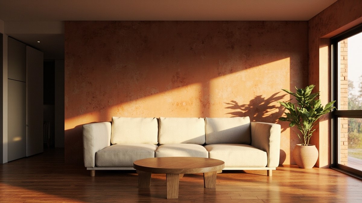 Illustrative concept design: living room with a deep clay-rust cloudy limewash wall in warm low sun behind a cream linen sofa and a round timber table