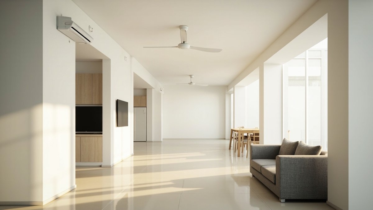 Illustrative concept design: wall air-conditioner at the front of a long hall serving the sofa and dining areas