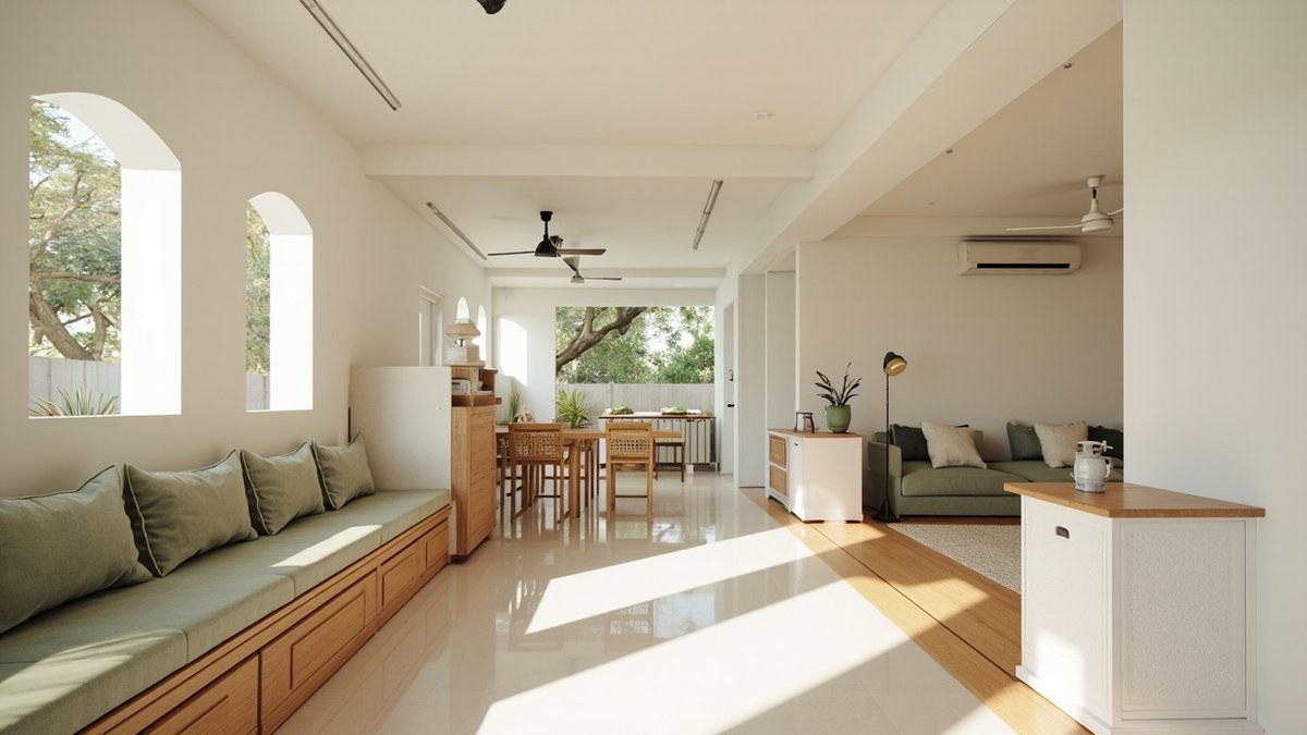 Illustrative concept design: built-in bench with sage cushions and drawers along the dining wall