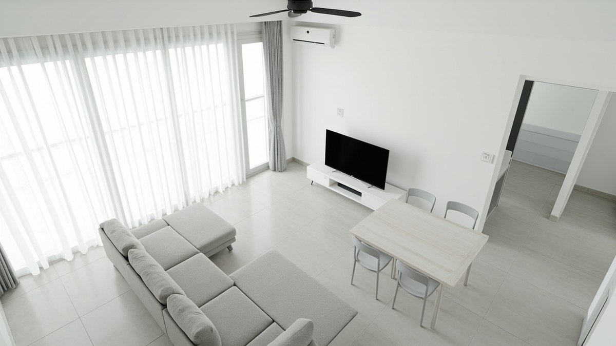 Illustrative concept design: condo hall with the sofa by the balcony door and a dining table for four in the corner