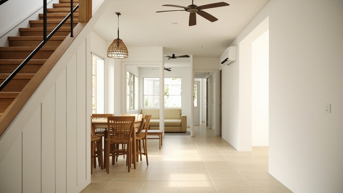 Illustrative concept design: dining table tucked beside the staircase under a woven pendant