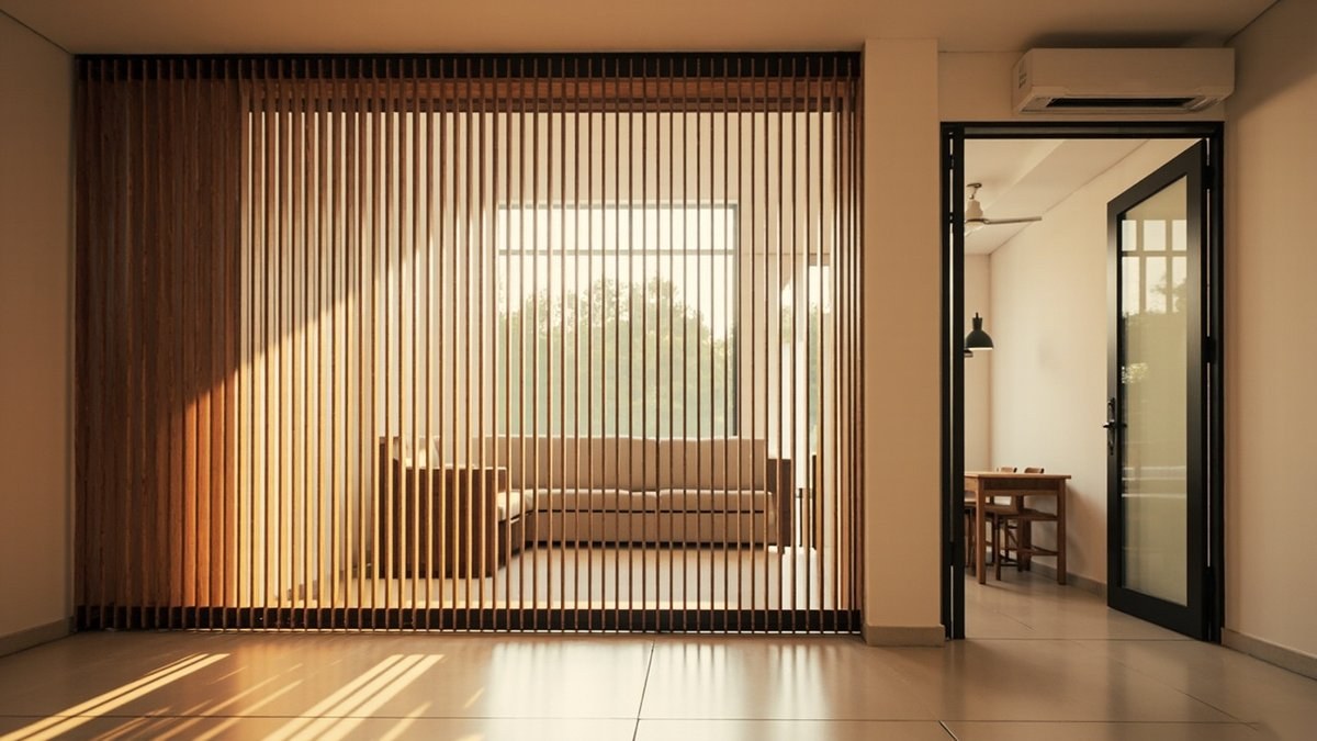 Illustrative concept design: full-height timber slat screen with the sofa area visible through it