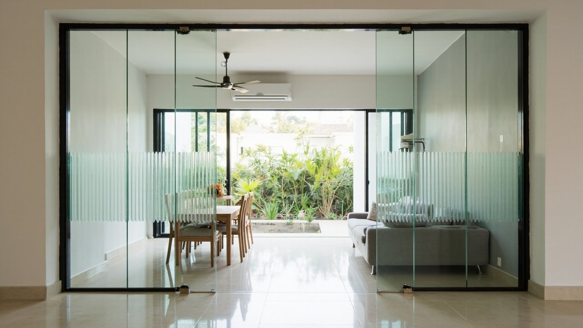 Illustrative concept design: clear glass partition with a fluted band between the hall and the dining area
