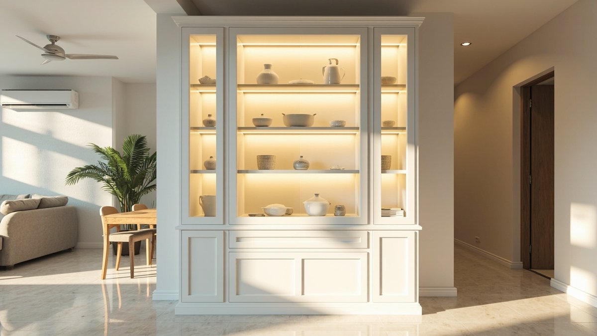 Illustrative concept design: white display cabinet with lit glass shelves between the dining and living areas