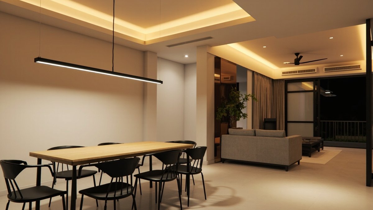 Illustrative concept design: black linear pendant over the dining table and cove light over the sofa