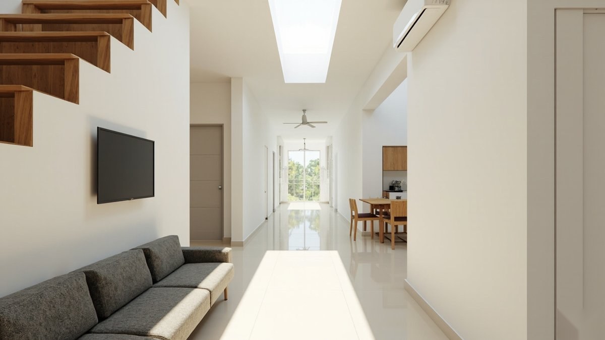 Illustrative concept design: long terrace hall with the sofa at the front, a skylight and dining at the back