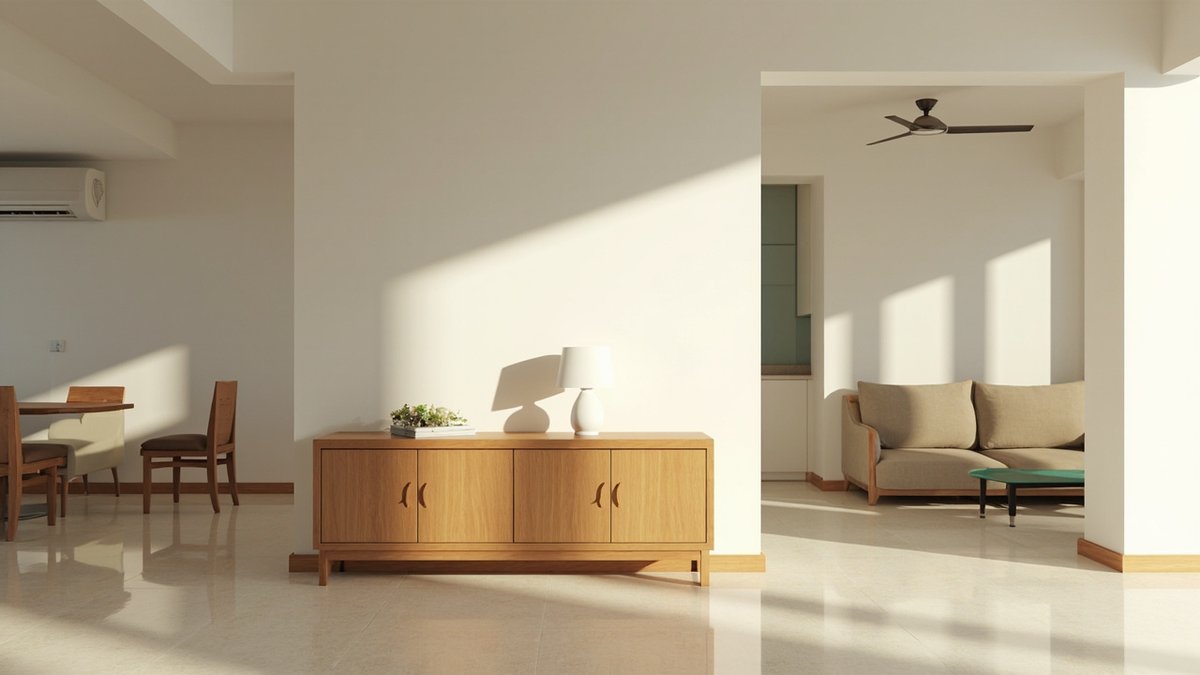 Illustrative concept design: low oak sideboard with a lamp between the dining and sofa areas